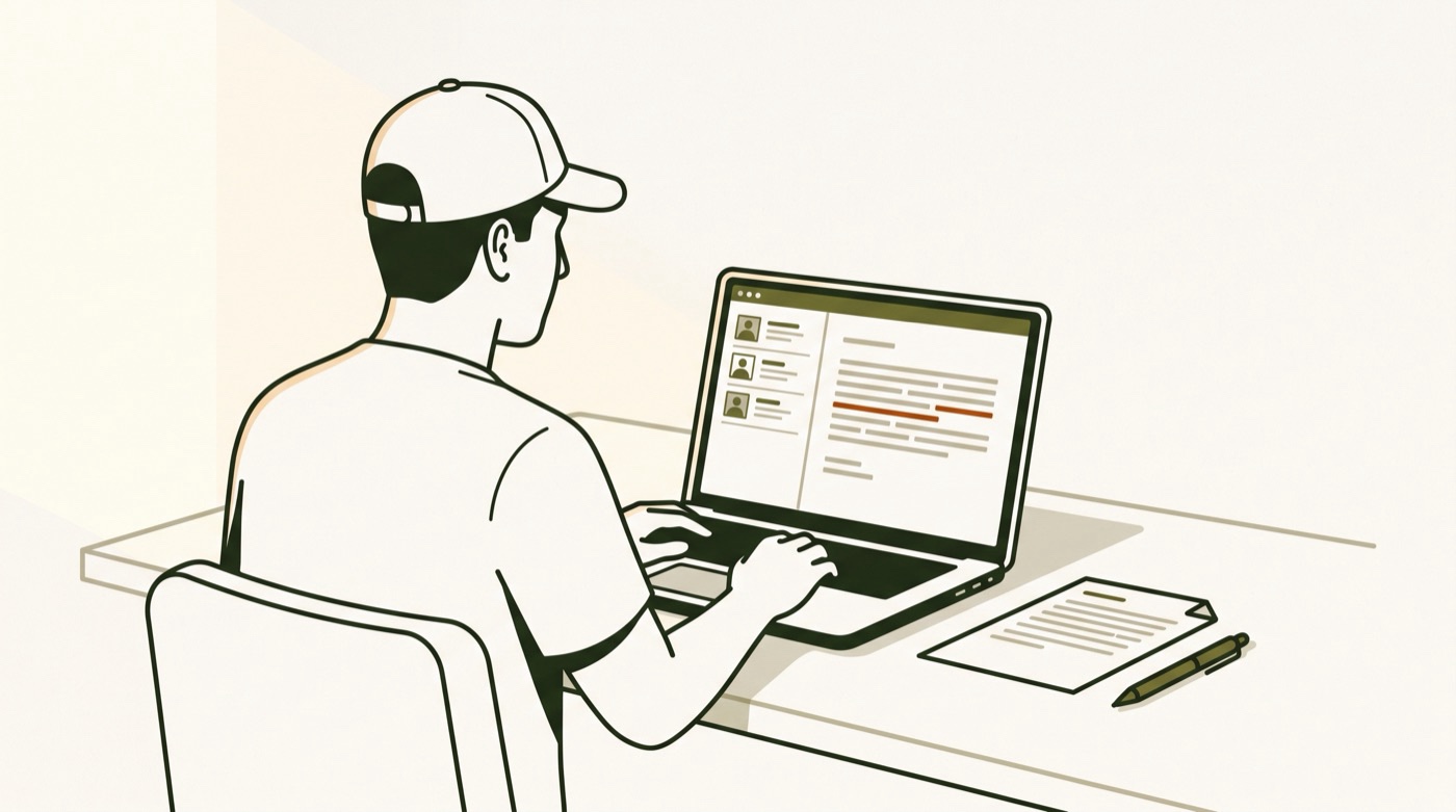 A veteran at a laptop writing a witness statement in the app