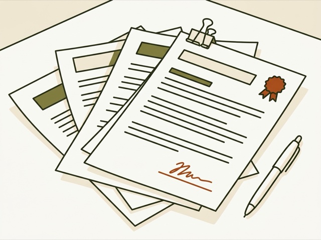 A finished stack of claim documents, signed, with a pen beside them