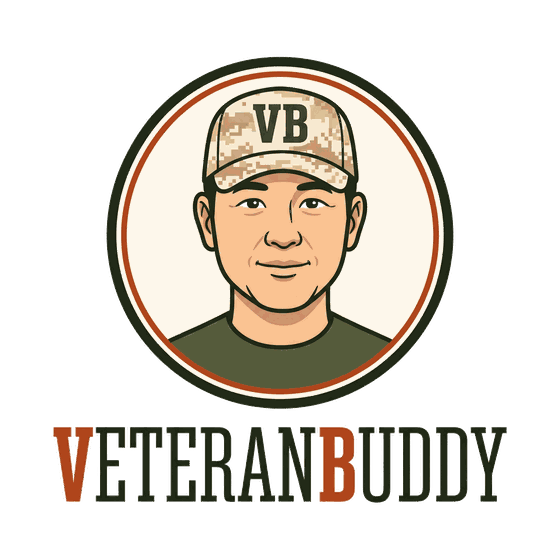 VeteranBuddy logo: a badge showing Sammie, the Marine veteran who built it, above the VeteranBuddy wordmark